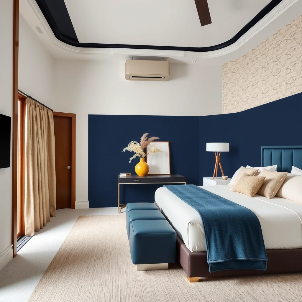 navy blue and beige bedroom 14