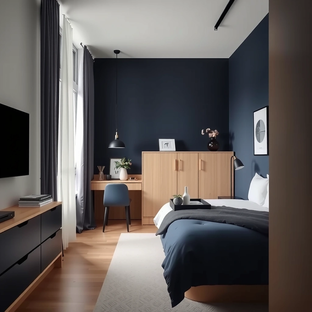 navy blue and beige bedroom 17